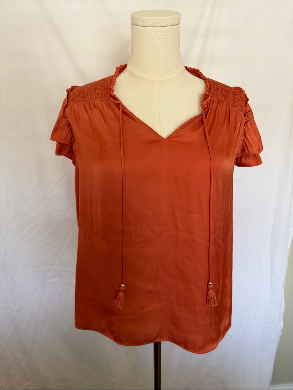 Rachel Zoe Rust Short Sleeve V-Neck Tassel Blouse